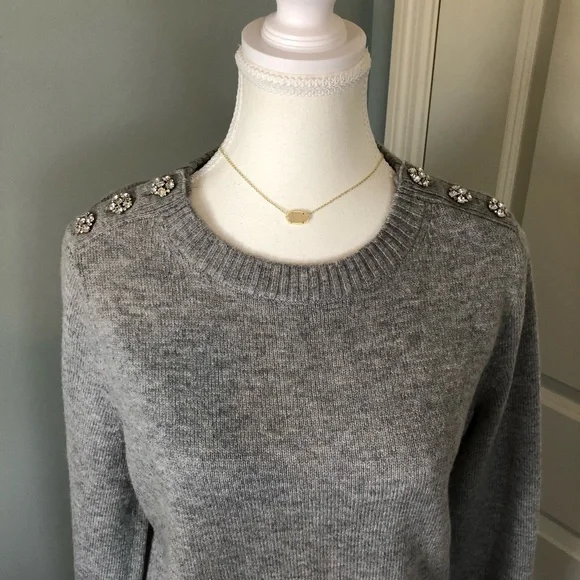 J Crew Jeweled Rhinestone Button Wool Blend Sweater. Gray. Medium - Picture 5 of 12